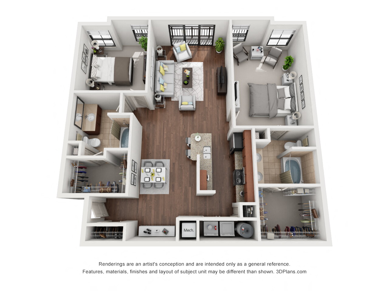 Floor plan for 2 beds, 2 baths, 1372 sqft